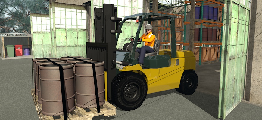 3D-rendered forklift operating in an industrial worksite
